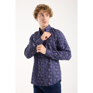 Camicia Uomo 2 Bottoni Button Down Doppio Coll Popeline Stretch Stampato Blu e Viola