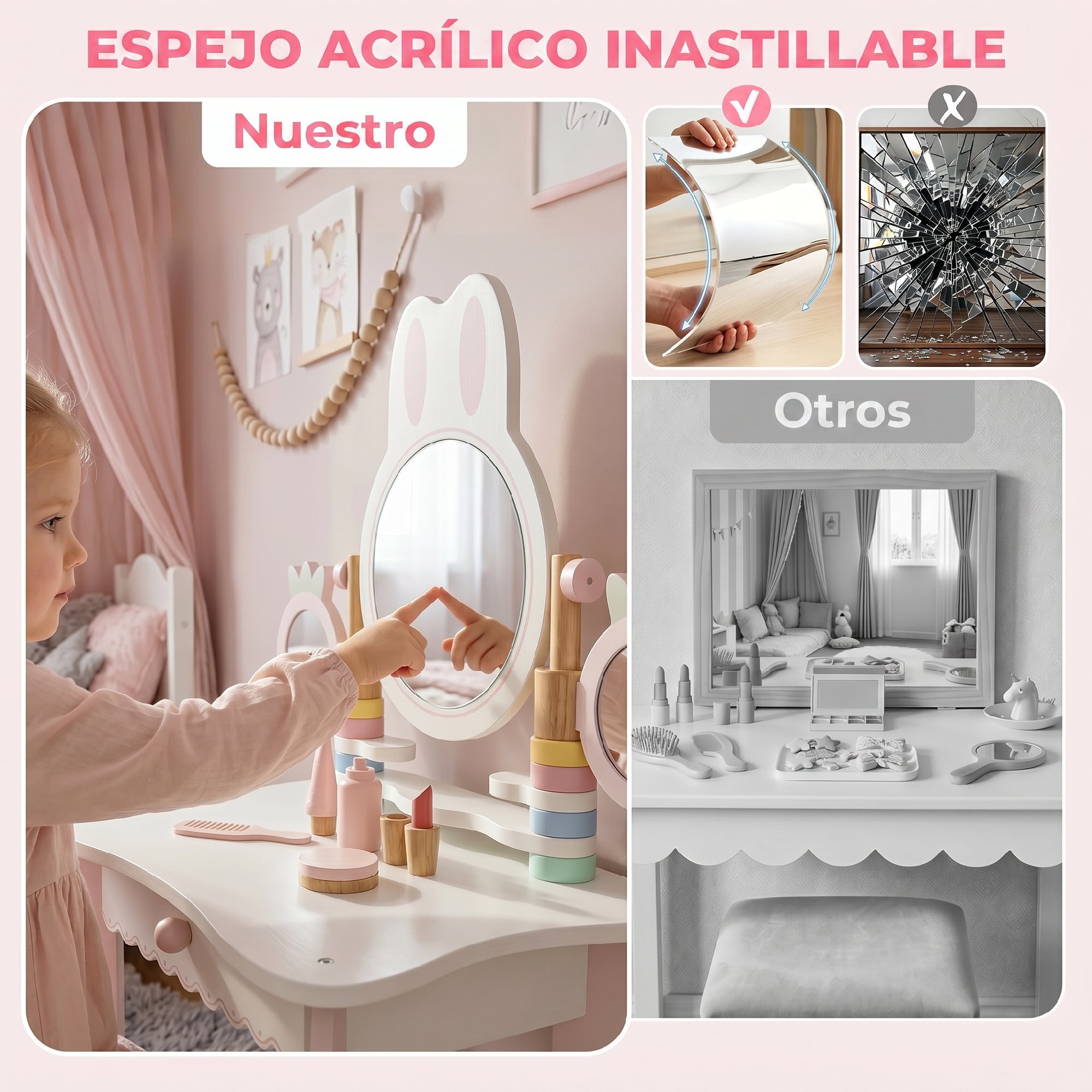 Tocador para Niñas, Tocador de Maquillaje Niñas con Taburete, Espejos Giratorios, Cajón, 6 Accesorios, Bandejas Laterales, Juguete para +3 Años, Rosa