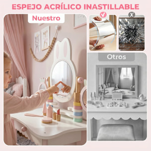 Tocador para Niñas, Tocador de Maquillaje Niñas con Taburete, Espejos Giratorios, Cajón, 6 Accesorios, Bandejas Laterales, Juguete para +3 Años, Rosa