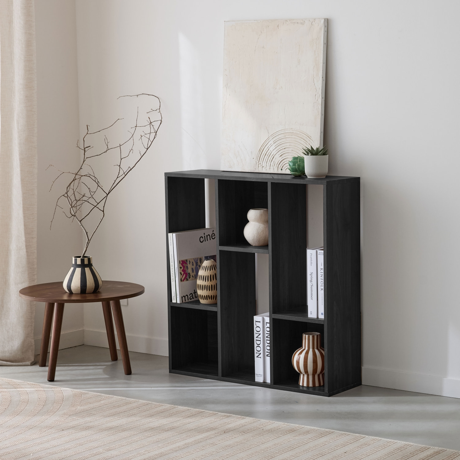 Etagère bibliothèque noire Pieter 3 étagères 6 compartiments de rangement