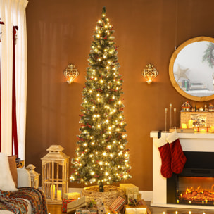 Árbol de Navidad Estrecho 230 cm, Árbol de Navidad Artificial con Luces LED Blanca Cálida, 8 Modos de Iluminación, 761 Ramas con Purpurina Plateada, Piñas, Bayas y Soporte Metálico, Verde