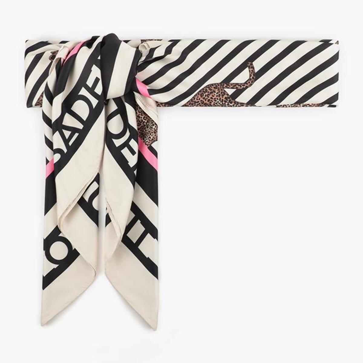 Sciarpa in raso con stampa combinata a righe e leopardo