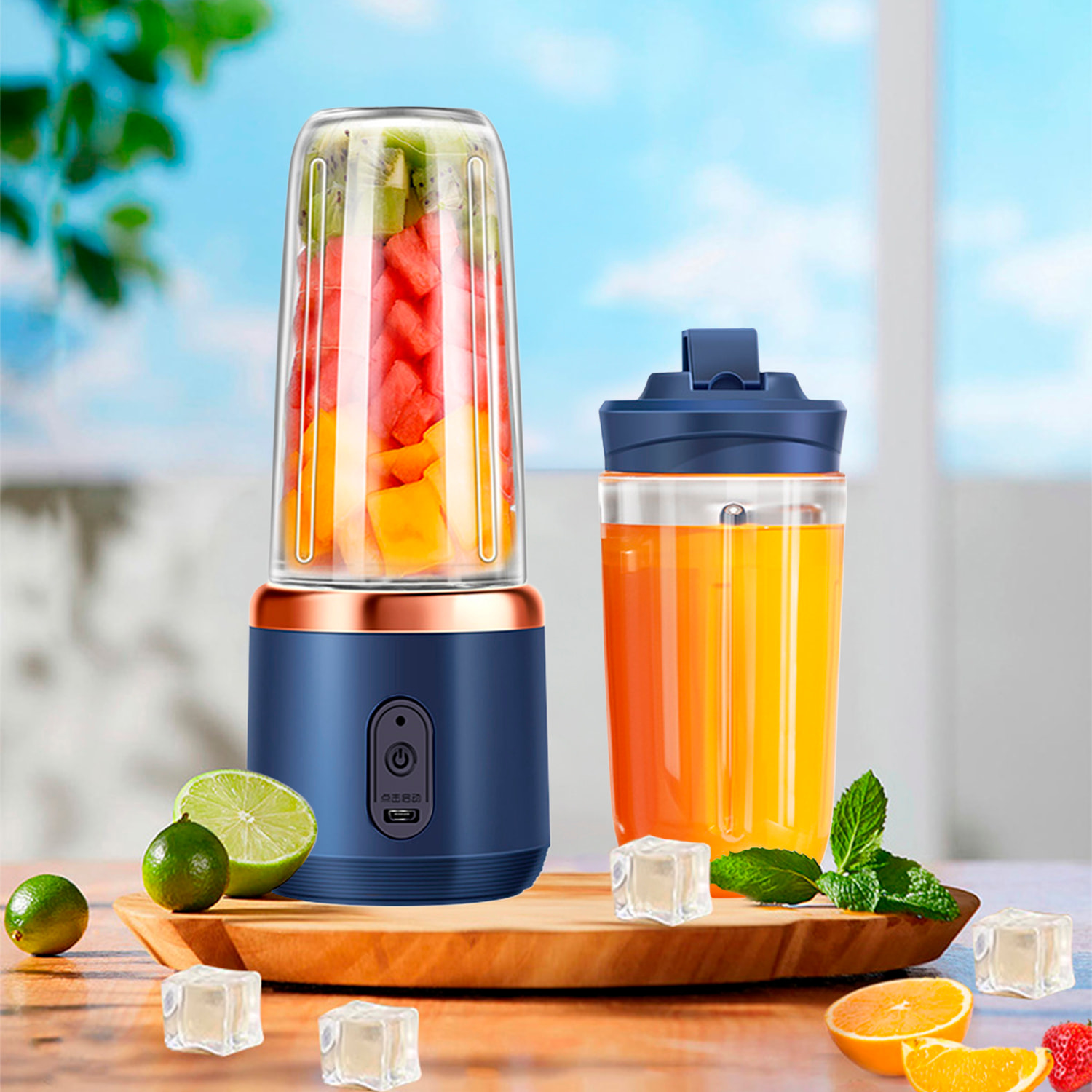 Frullatore elettrico doppio J001, portatile e ricaricabile, 400ml, 6 lame in acciaio, 21.000rpm e spegnimento automatico. Include 1 bicchiere frullatore aggiuntivo.