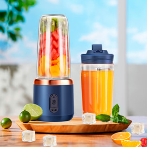 Frullatore elettrico doppio J001, portatile e ricaricabile, 400ml, 6 lame in acciaio, 21.000rpm e spegnimento automatico. Include 1 bicchiere frullatore aggiuntivo.