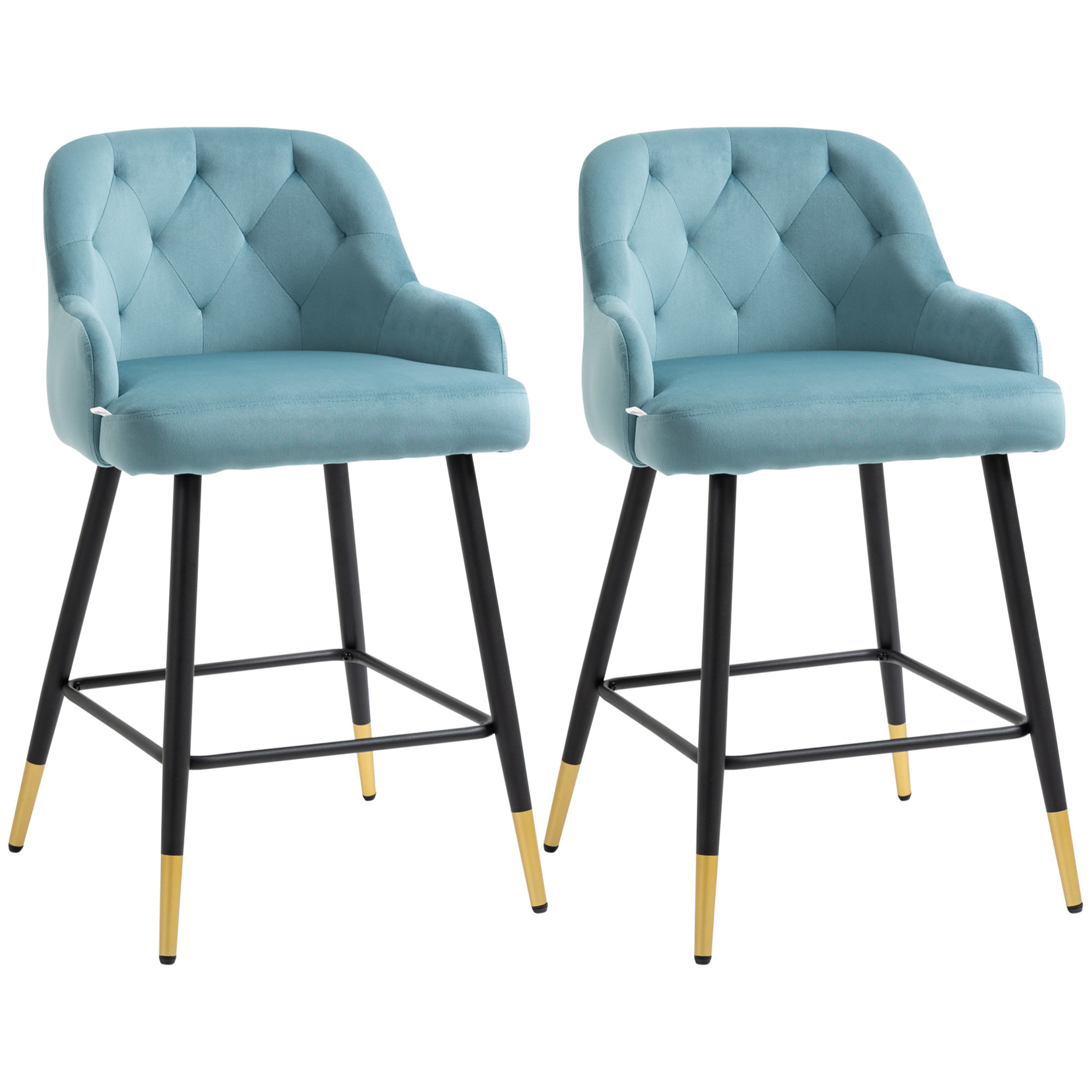 Lot de 2 tabourets de bar design Chesterfield effet capitonné piètement métal effilé noir extrémités dorées repose-pied aspect velours bleu