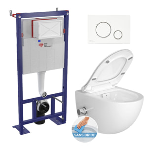 Pack WC bâti-autoportant + WC sans bride Infinitio fonction bidet thermostatique + Abattant softclose + Plaque blanche/chrome