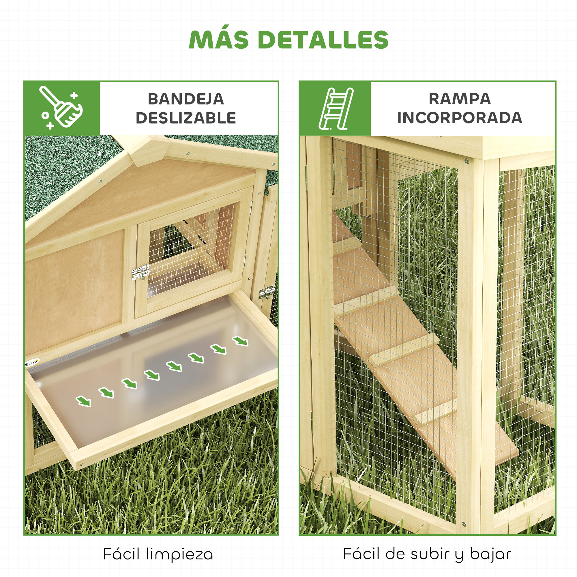 Gallinero para Exterior Grande de Madera, 204x85x93 cm, Gallinero con Caja de Anidación, Corral, Bandeja Extraíble, Techo Impermeable, Rampa y Percha, Jaula para Conejos, Patos, Madera Natural