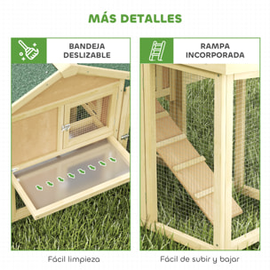 Gallinero para Exterior Grande de Madera, 204x85x93 cm, Gallinero con Caja de Anidación, Corral, Bandeja Extraíble, Techo Impermeable, Rampa y Percha, Jaula para Conejos, Patos, Madera Natural