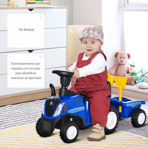 Tractor para Niños de 12-36 Meses con Remolque Extraíble Coche Correpasillos con Bocina Faros Pala Asiento de Suelo 25 cm y Rastrillo Carga 25 kg 91x29x44 cm Azul