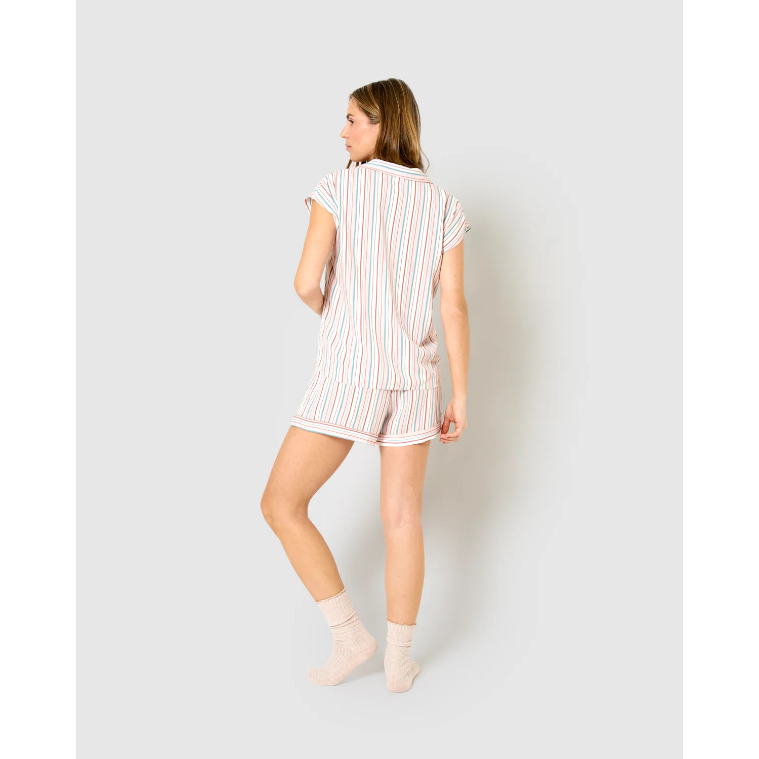 Pigiama corto a camicia in viscosa a righe rosa serene