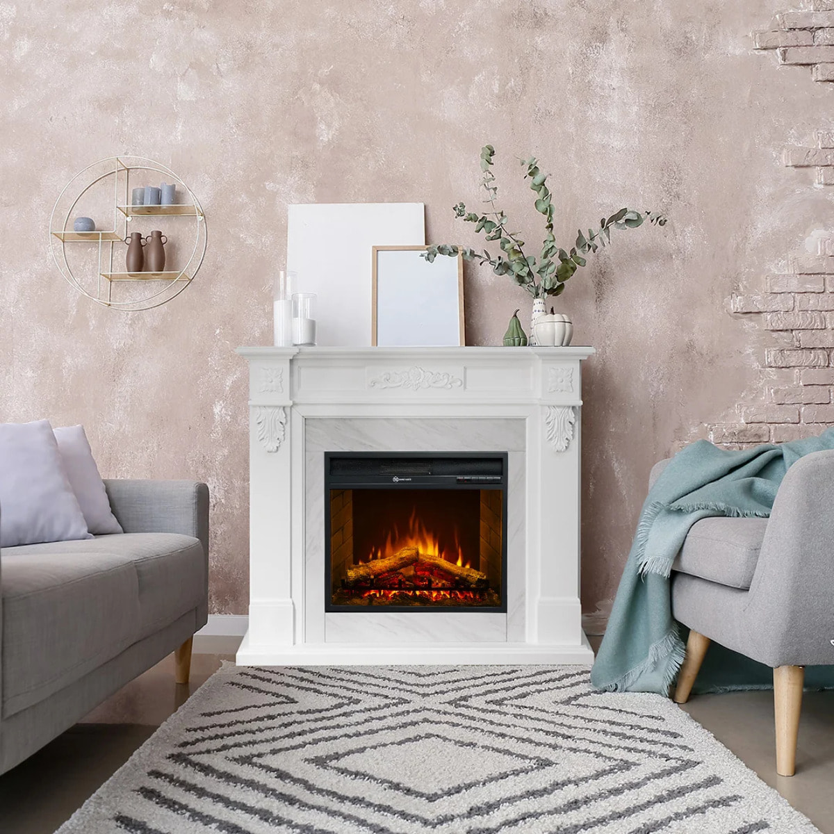 Truman - Camino Elettrico da Terra Effetto Fiamma 121x108x38 cm in Legno Effetto Marmo Bianco