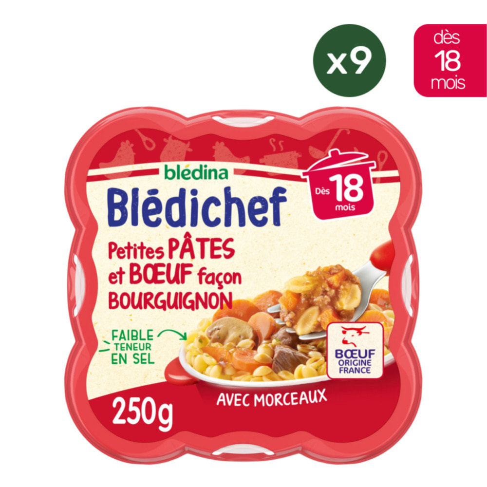 9 Assiettes Petites Pâtes et Boeuf façon Bourguignon - Bledina Bledichef - Dès 18 mois