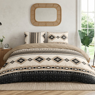Parure housse de couette 100% coton motif ethnique chic beige et noir - TROIKA