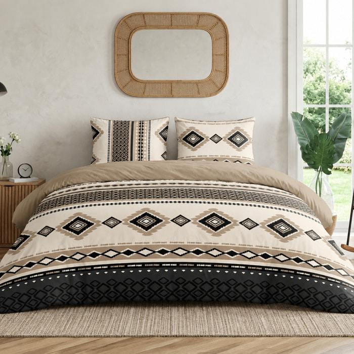 Parure housse de couette 100% coton motif ethnique chic beige et noir - TROIKA