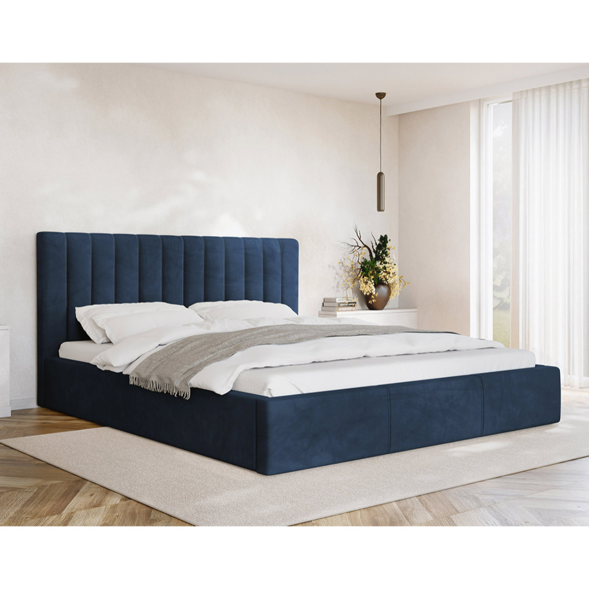 Rosario - lit coffre - 160x200 - sommier inclus - en velours - Bleu