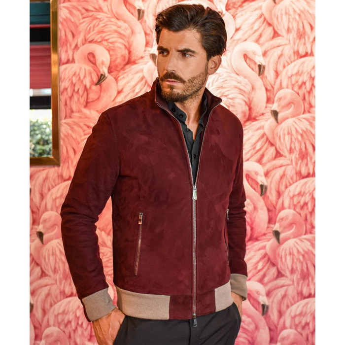 Giubbotto bomber in pelle scamosciata bordeaux collo coreana