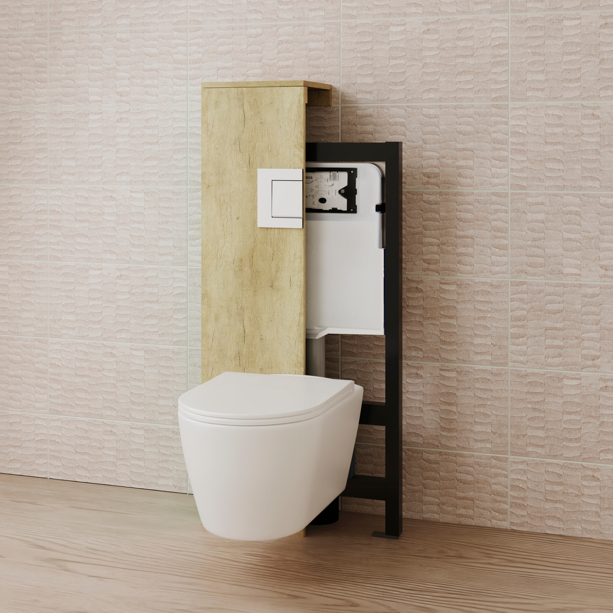 Pack Wc Suspendido + Bastidor + Caja Nature | Inodoro Blanco Brillo | Pulsador Negro | Cisterna Empotrada | Tapa Amortiguada | Alday