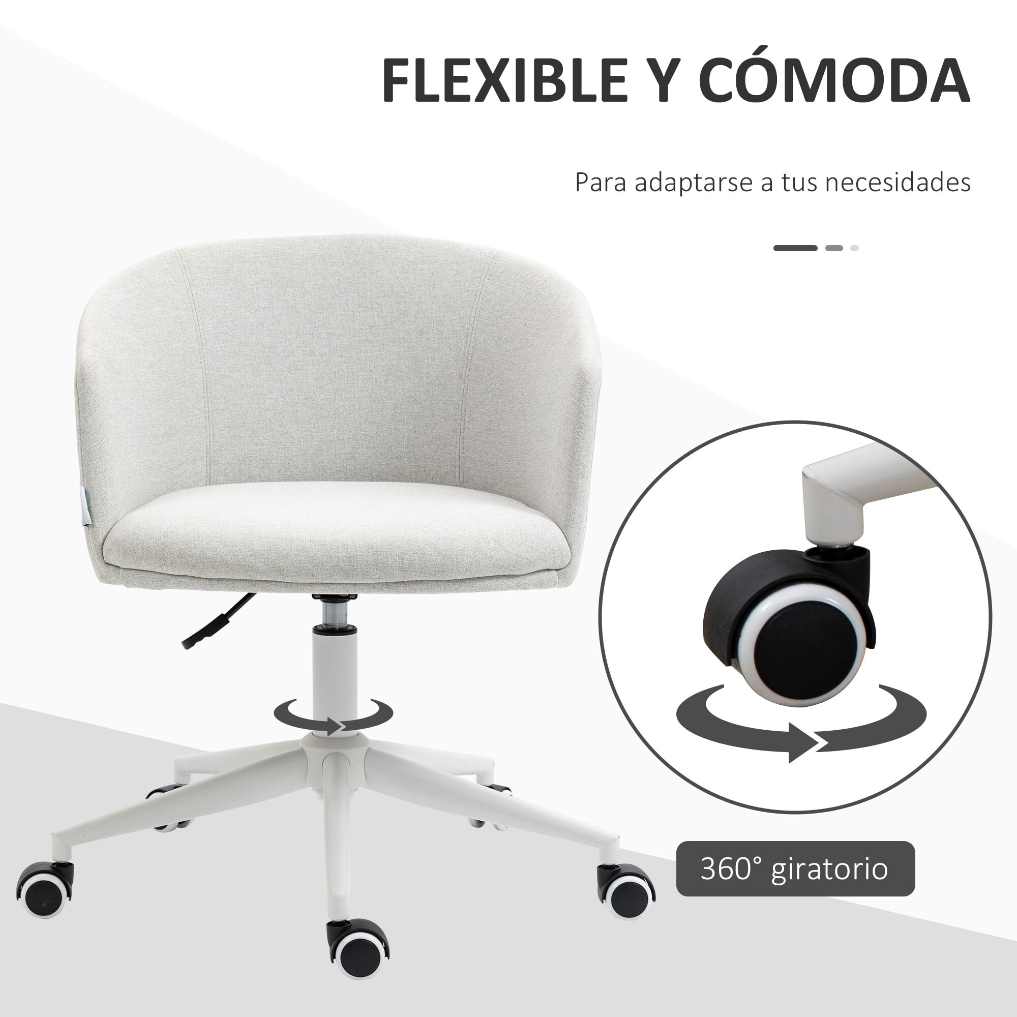 Silla de Oficina Giratoria Tejido de Lino Silla de Escritorio Ergonómica Altura Ajustable con Reposabrazos y Asiento Acolchado Carga 120 kg para Salón Dormitorio 56x56x72-82 cm Gris