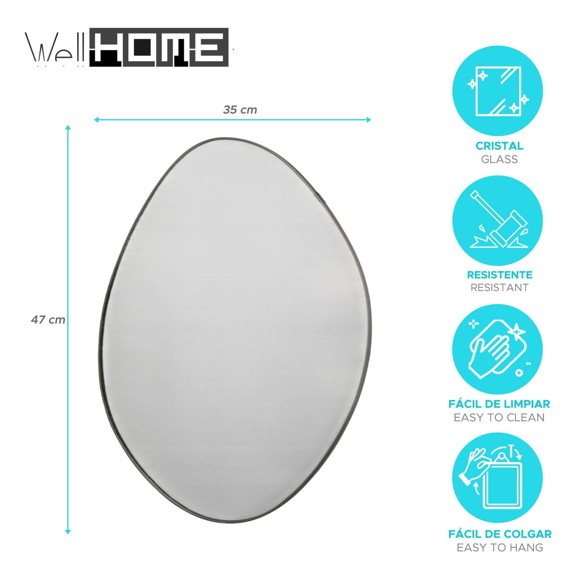 WELL HOME Espejo rectangular diseño variado de pared 47x35x1,5cm con gancho trasero para entrada o dormitorio