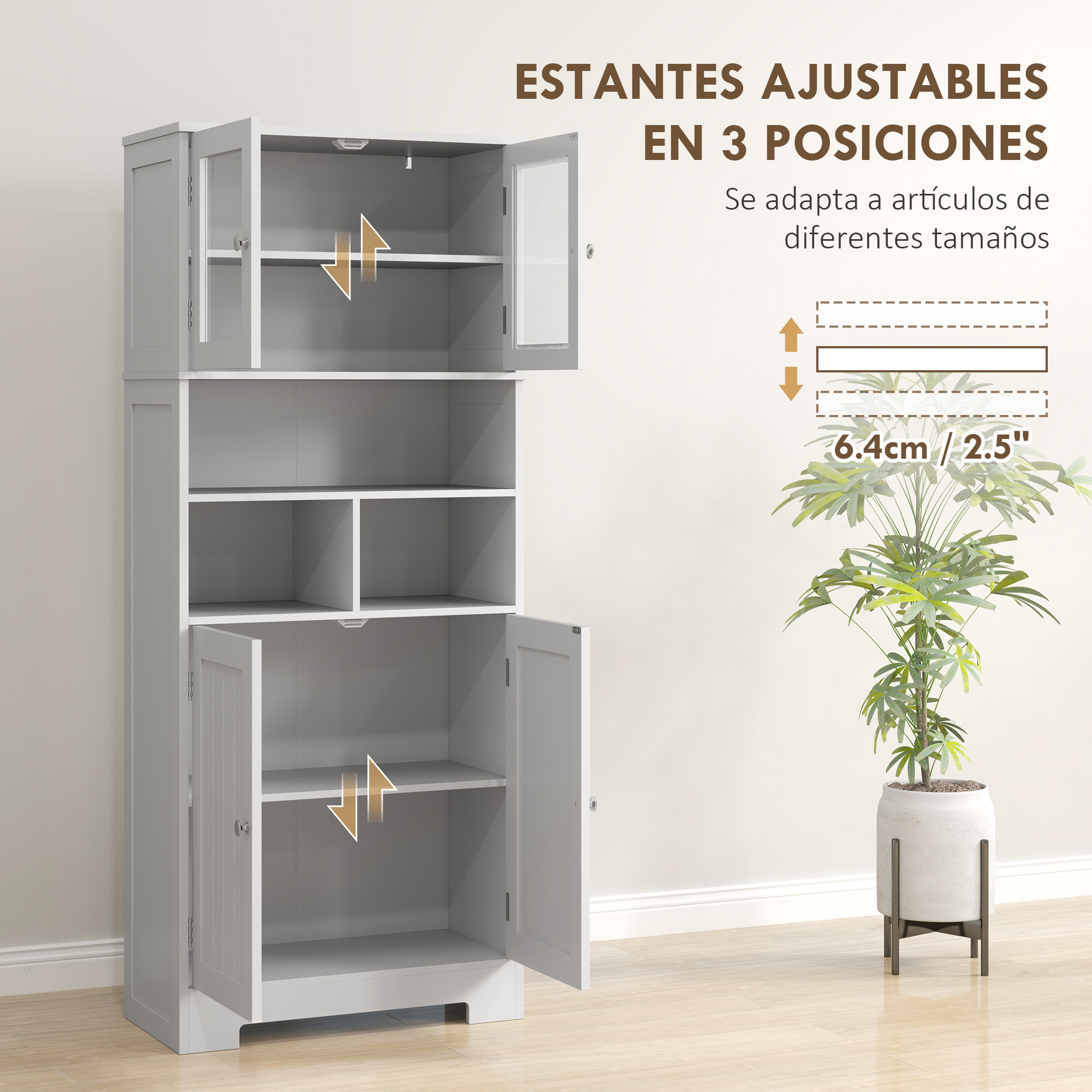 Alacena de Cocina Mueble Auxiliar de Cocina Aparador Alto con 2 Puertas de Vidrio Estantes Ajustables y Compartimentos Abiertos 60x30x145,5 cm Blanco
