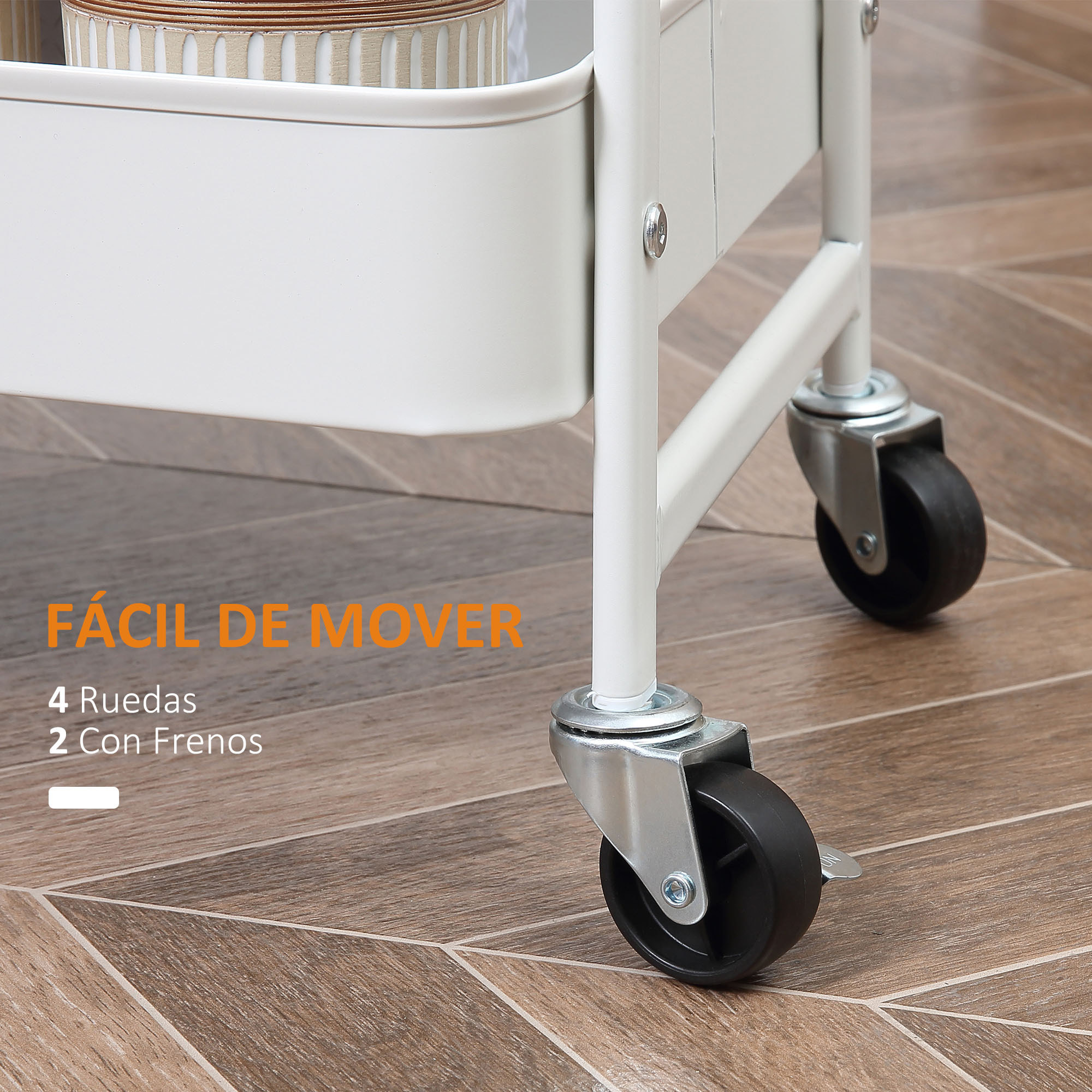 Carrito Auxiliar con Ruedas de 3 Niveles, Carrito de Cocina con 3 Cestas de Acero y 1 Placa de Cubierta, para Comedor, Sala Baño, 45x31x79,4 cm, Blanco