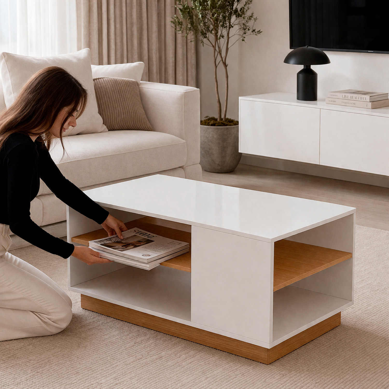 Tavolino Soggiorno Living Moderno Da Caffè Ripiano Porta Riviste Vano Giorno Multiuso Arredo Elegante Funzionale 100 x 45.5 x 60 Cm Bianco E Rovere