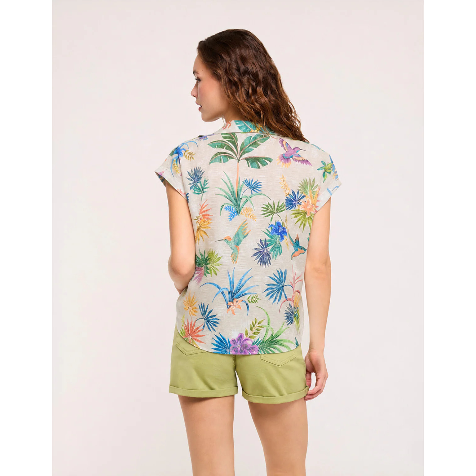 Camisa Colibríes Manga Corta Beige - Calibris