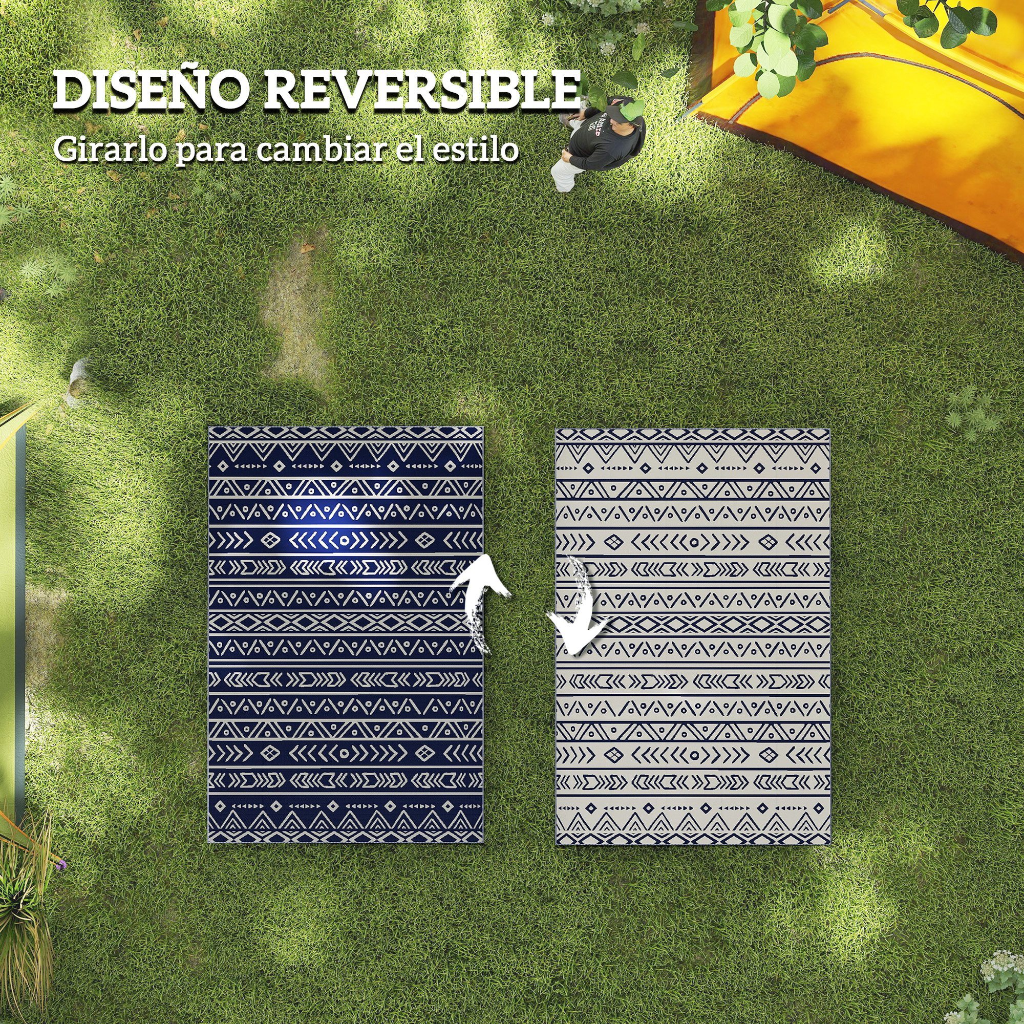Alfombra de Exterior 182x274 cm Alfombra Reversible con Patrón de Geométrico Impermeable Bolsa de Transporte para Terraza Balcón Patio Camping Playa Azul