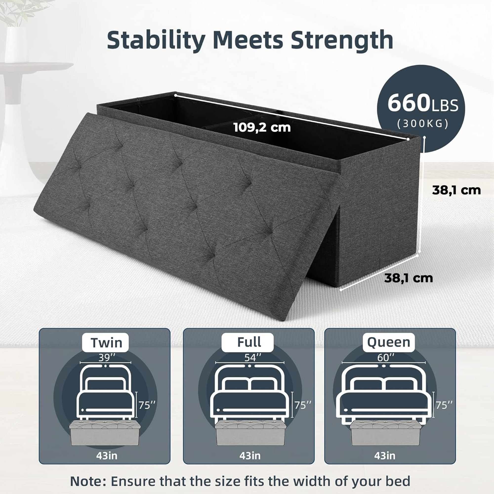 Nemora 110 - Cassapanca Ottomana 109x38x38 cm Pouf Contenitore Poggiapiedi in Tessuto Grigio