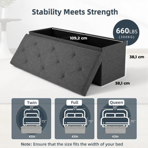 Nemora 110 - Cassapanca Ottomana 109x38x38 cm Pouf Contenitore Poggiapiedi in Tessuto Grigio