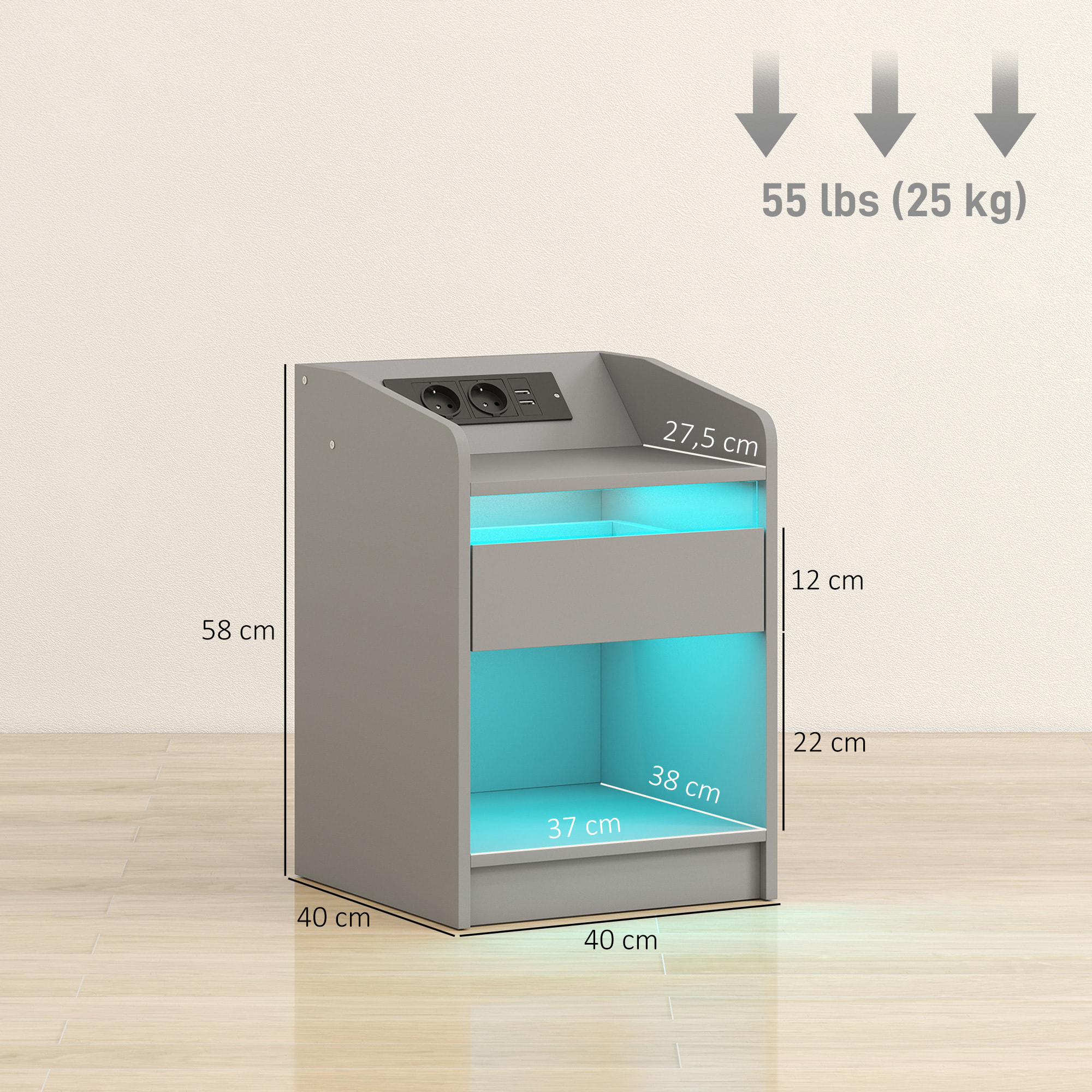 Mesita de Noche con Estación de Carga y Luz LED RGB, Mesilla de Noche Dormitorio con Cajón, Estante Abierto, Puertos USB y Control Remoto, para Salón, Estudio, 40x40x58 cm, Gris