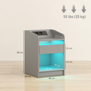 Mesita de Noche con Estación de Carga y Luz LED RGB, Mesilla de Noche Dormitorio con Cajón, Estante Abierto, Puertos USB y Control Remoto, para Salón, Estudio, 40x40x58 cm, Gris