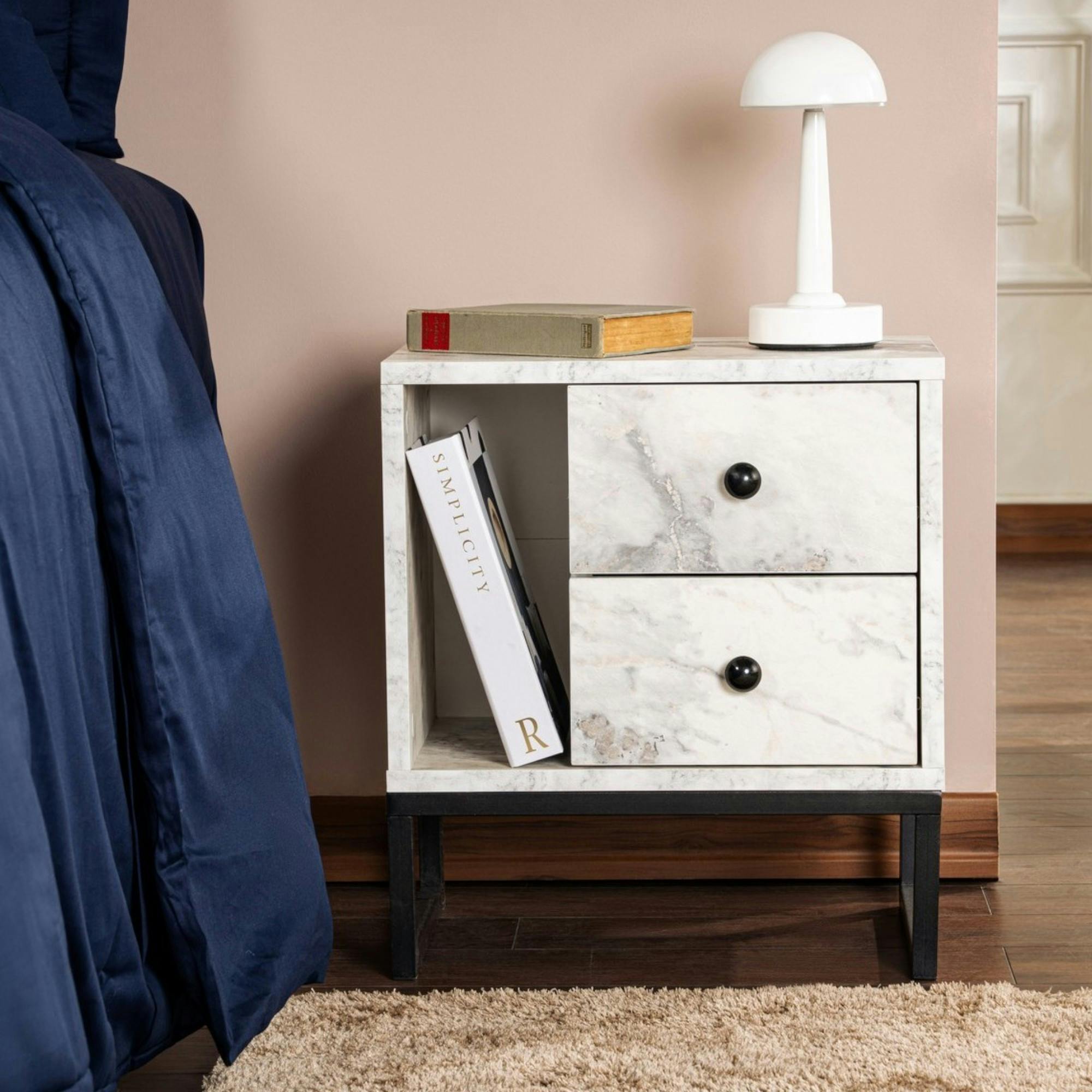 Table de nuit 2 tiroirs 1 niche, effet marbre blanc JENA