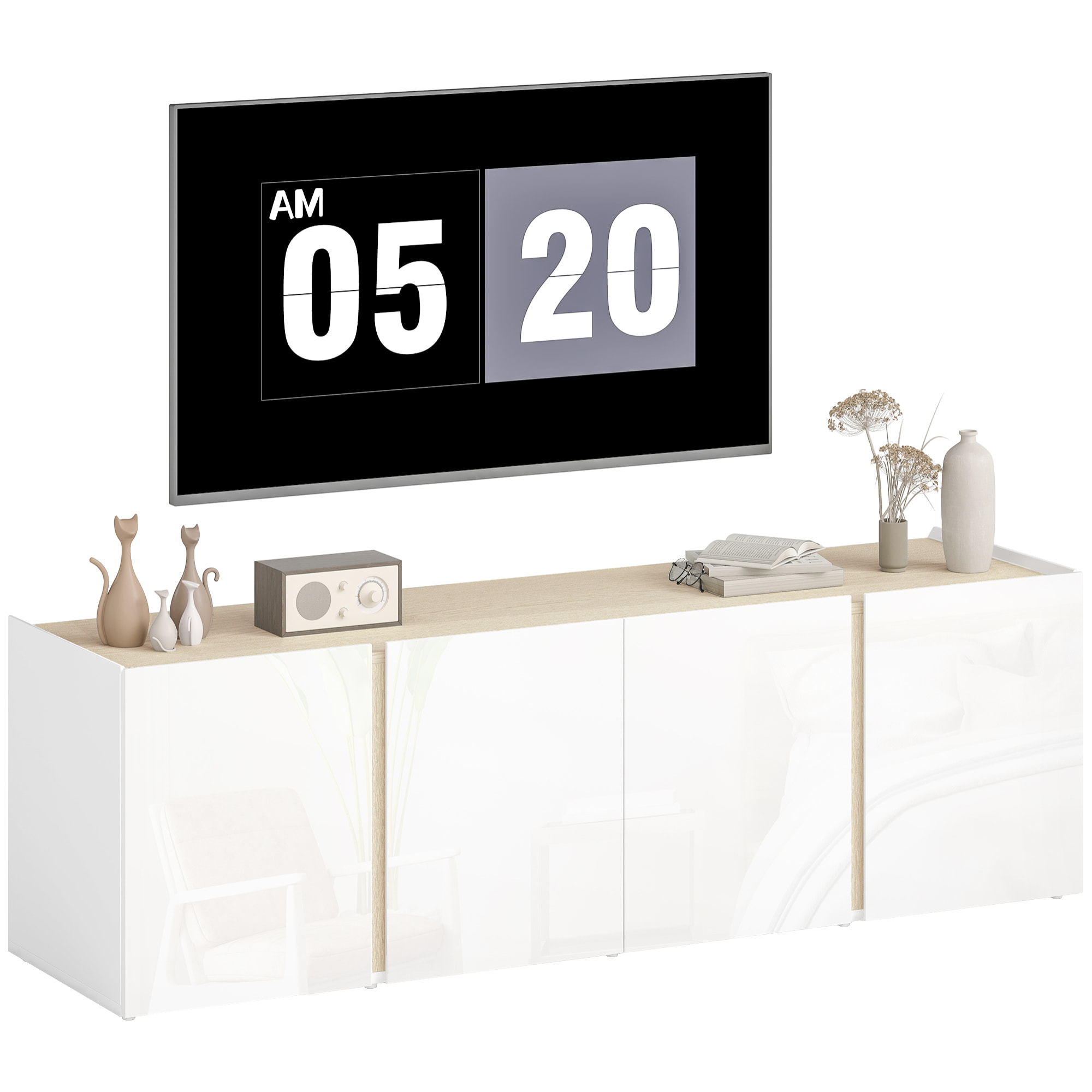 Meuble TV 135 cm, meuble télé pour téléviseur jusqu'à 65 pouces avec 4 portes à fermeture amortie, étagère réglable et passe-câbles, banc TV pour salon, chambre à coucher, blanc