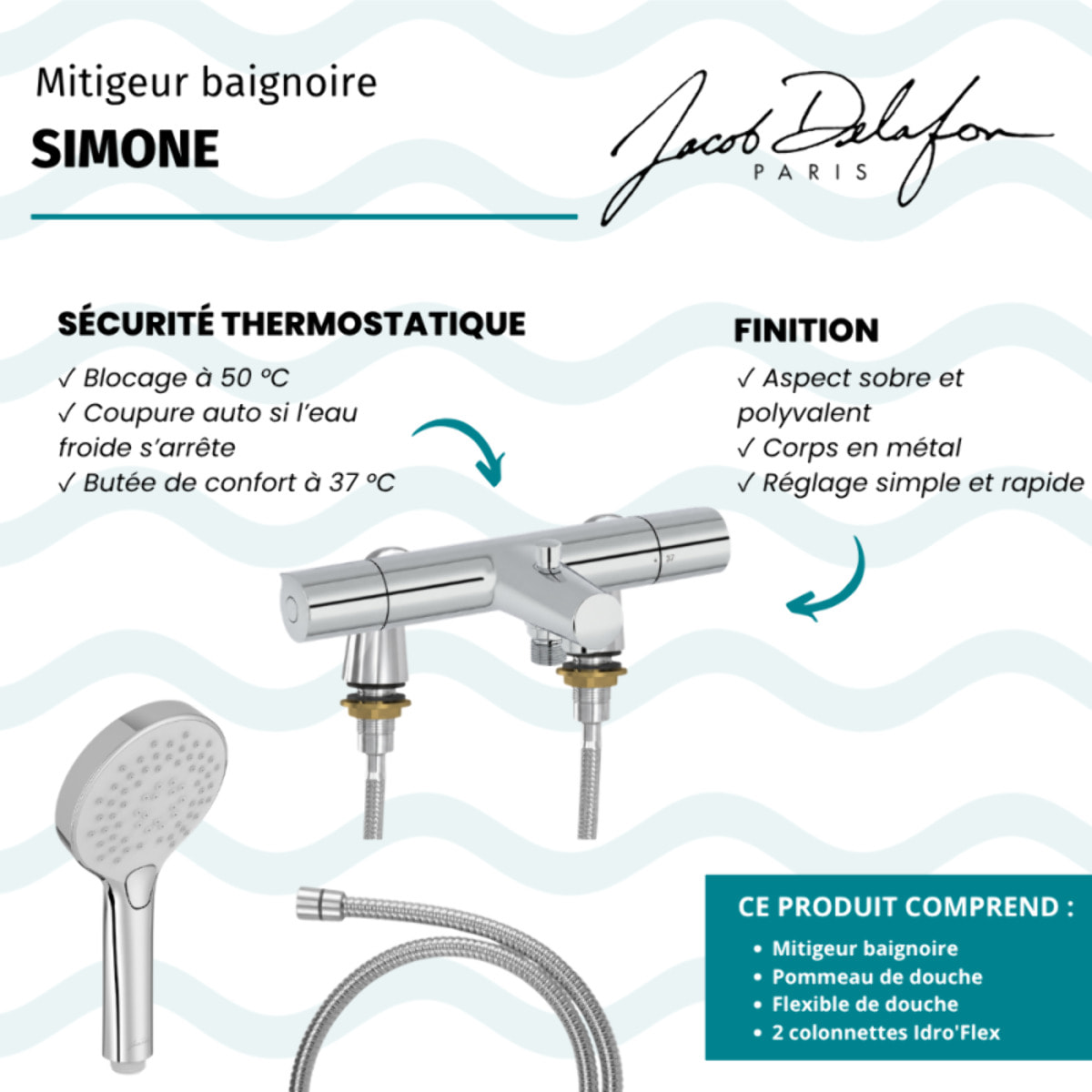 Mitigeur baignoire Simone + pommeau de douche Metro + flexible de douche métal + colonnettes Idro'Flex