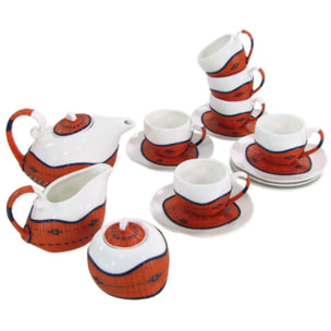 Tazza da the con teiera e lattiera 9 pezzi con decoro in bambù arancione