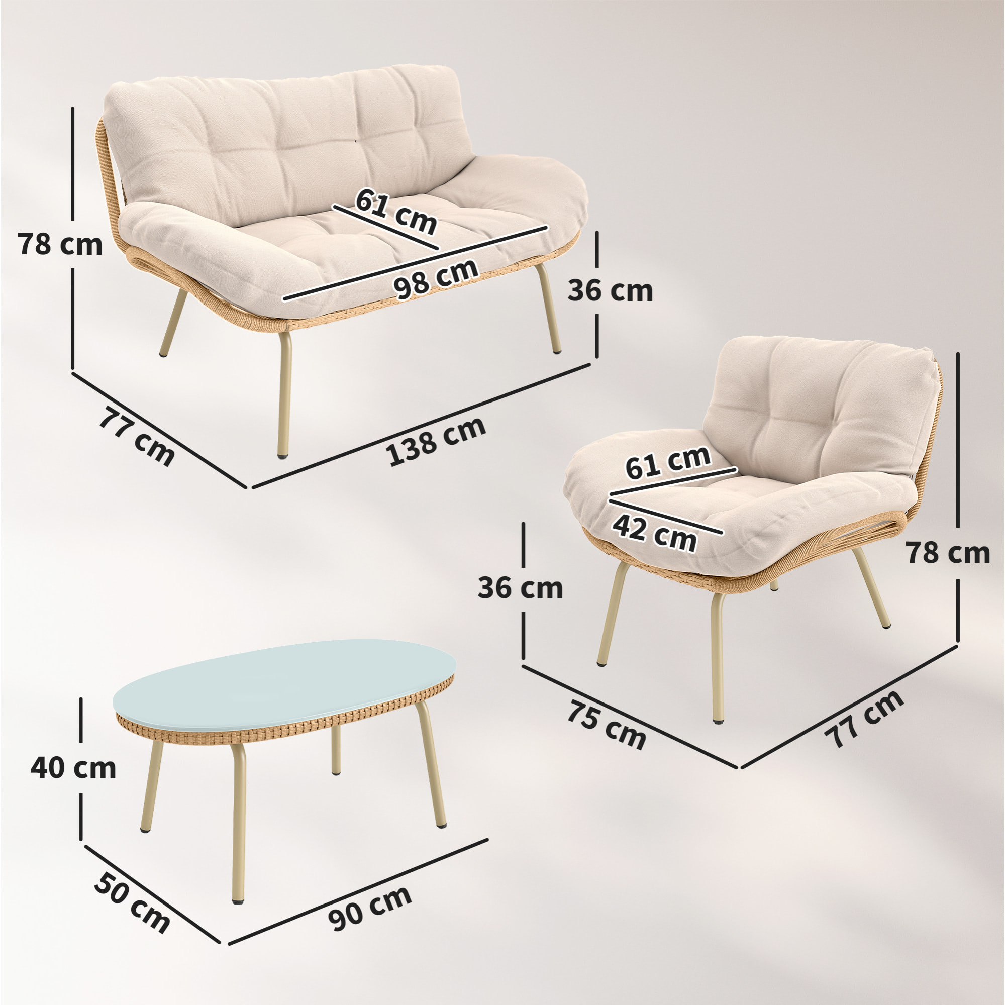Conjunto de Jardín Exterior de Ratán, Muebles Jardín Exterior 4 Piezas, con Cojines, Sofá Doble, 2 Sillones y Mesa de Centro de Cristal, Estructura de Metal, Beige