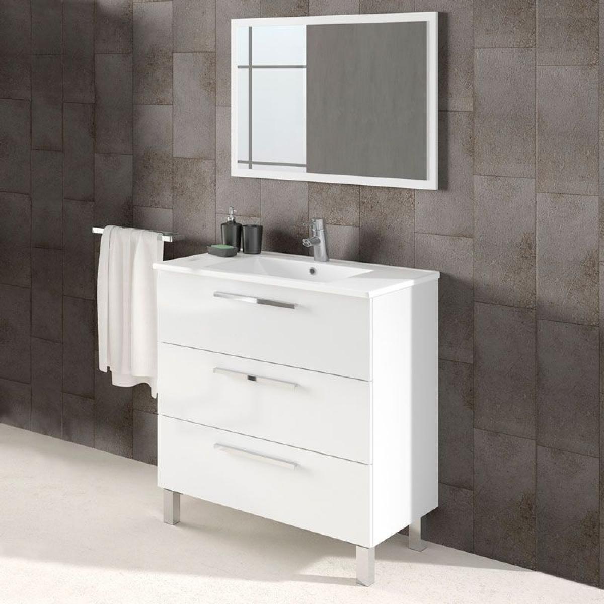 Mueble de baño blanco Athena 3 cajones + espejo Blanco brillo