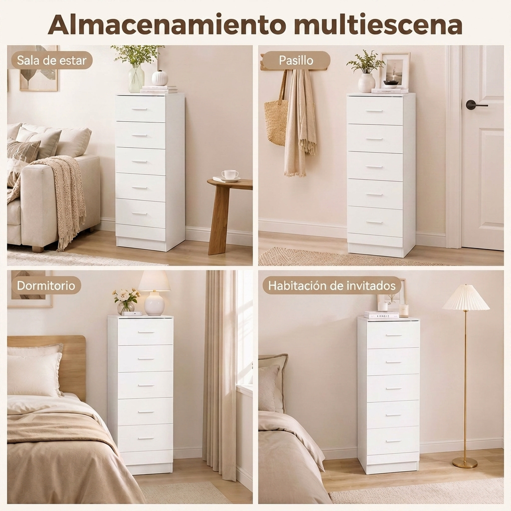 Cómoda de 6 Cajones, Cajonera para Dormitorio Alta y Estrecha, Sinfonier para Salón, Vestidor, Entrada, 40x40x110 cm, Blanco