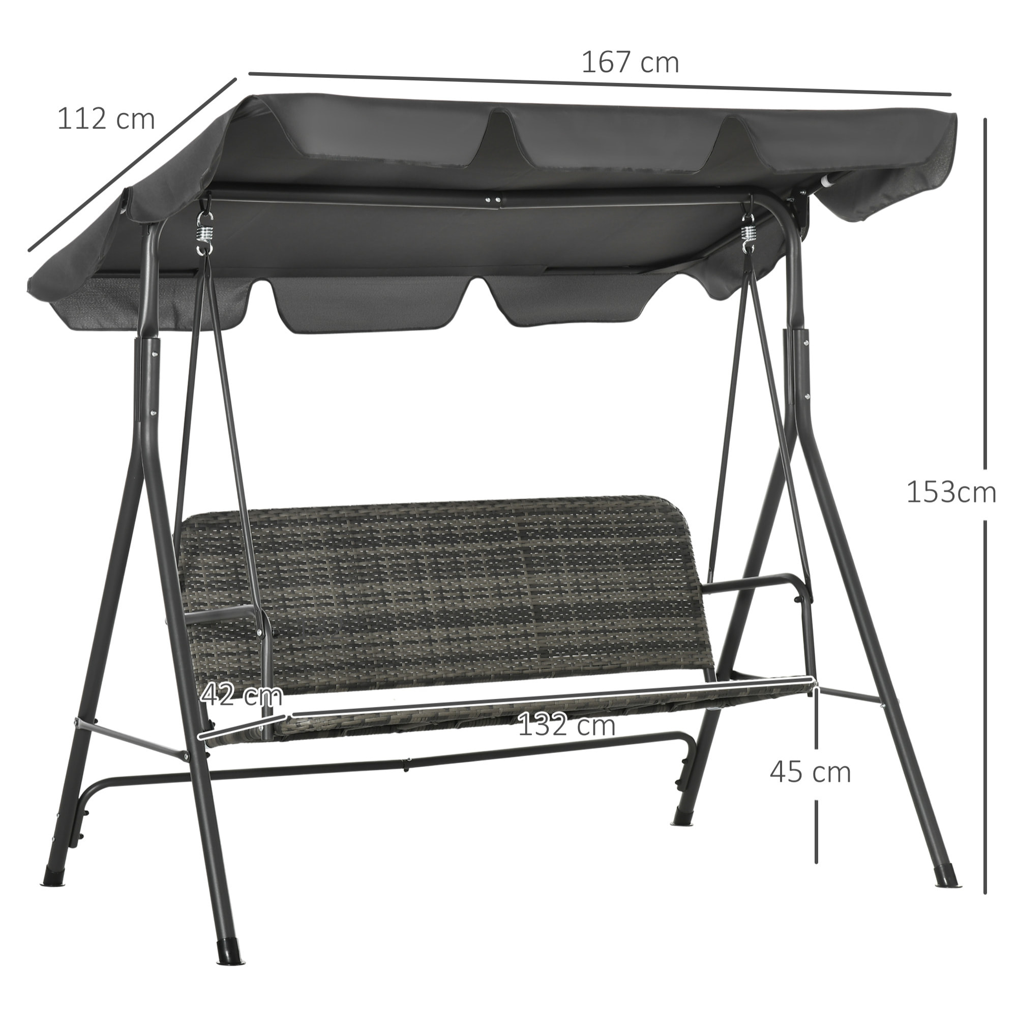 Columpio de Jardín Exterior de 3 Plazas Balancín de Jardín Exterior con Toldo Ajustable Asiento de Ratán PE y Reposabrazos para Balcón Terraza Patio Carga 240 kg 167x112x153 cm Gris