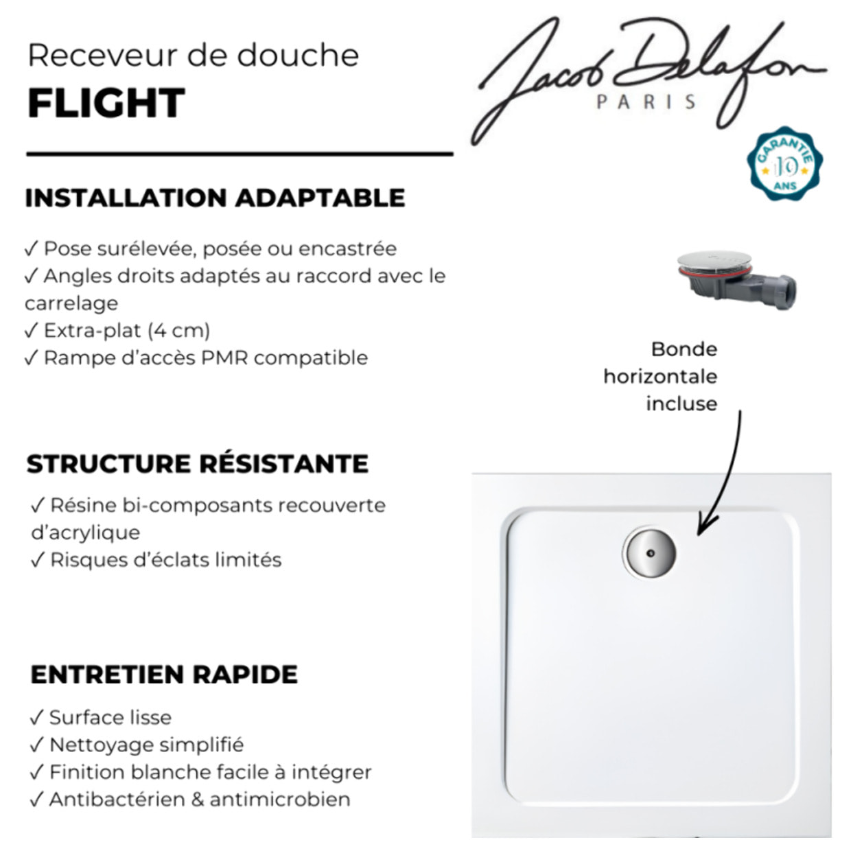 Receveur de douche 90 x 90 cm Flight carré blanc avec bonde horizontale chromé