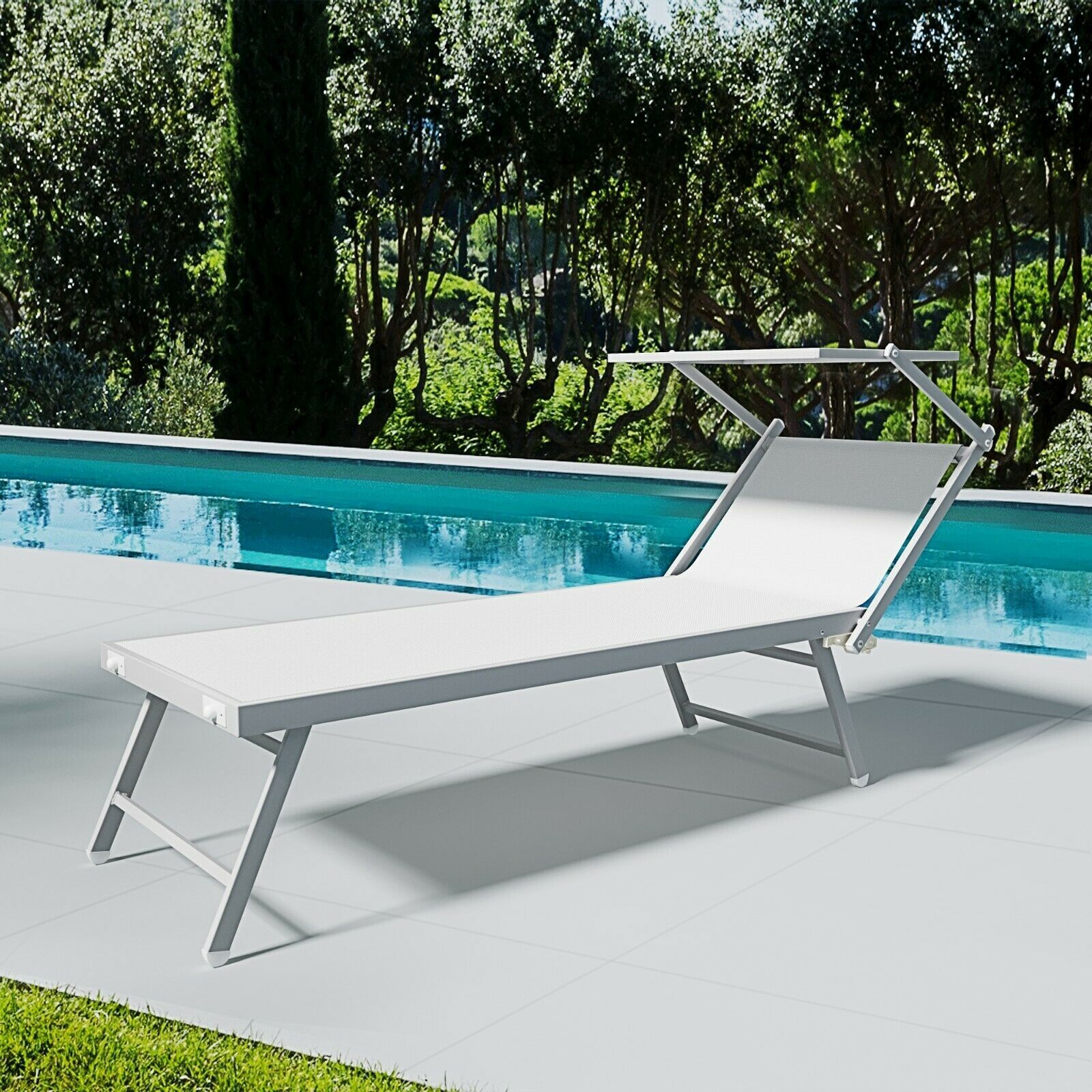 Coppia Di Lettini Prendisole Pieghevole Professionale in Alluminio e Tessuto Textilene Tettuccio Parasole Sdraio Mare Spiaggia 182x60x38 cm Bianco