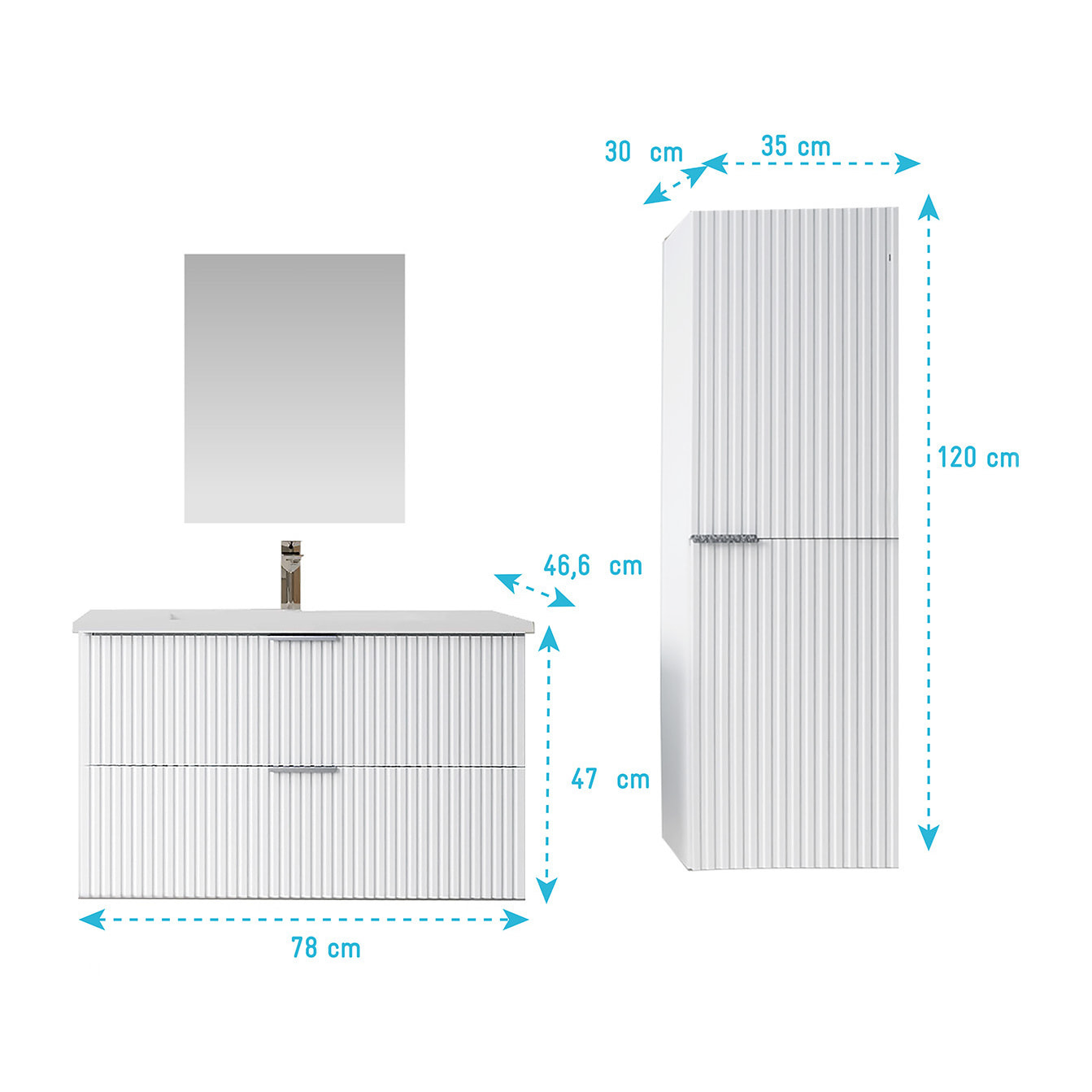 Pack Meuble salle de bain 80cm et Colonne de rangement - Façades Blanches Ondulées - MILO