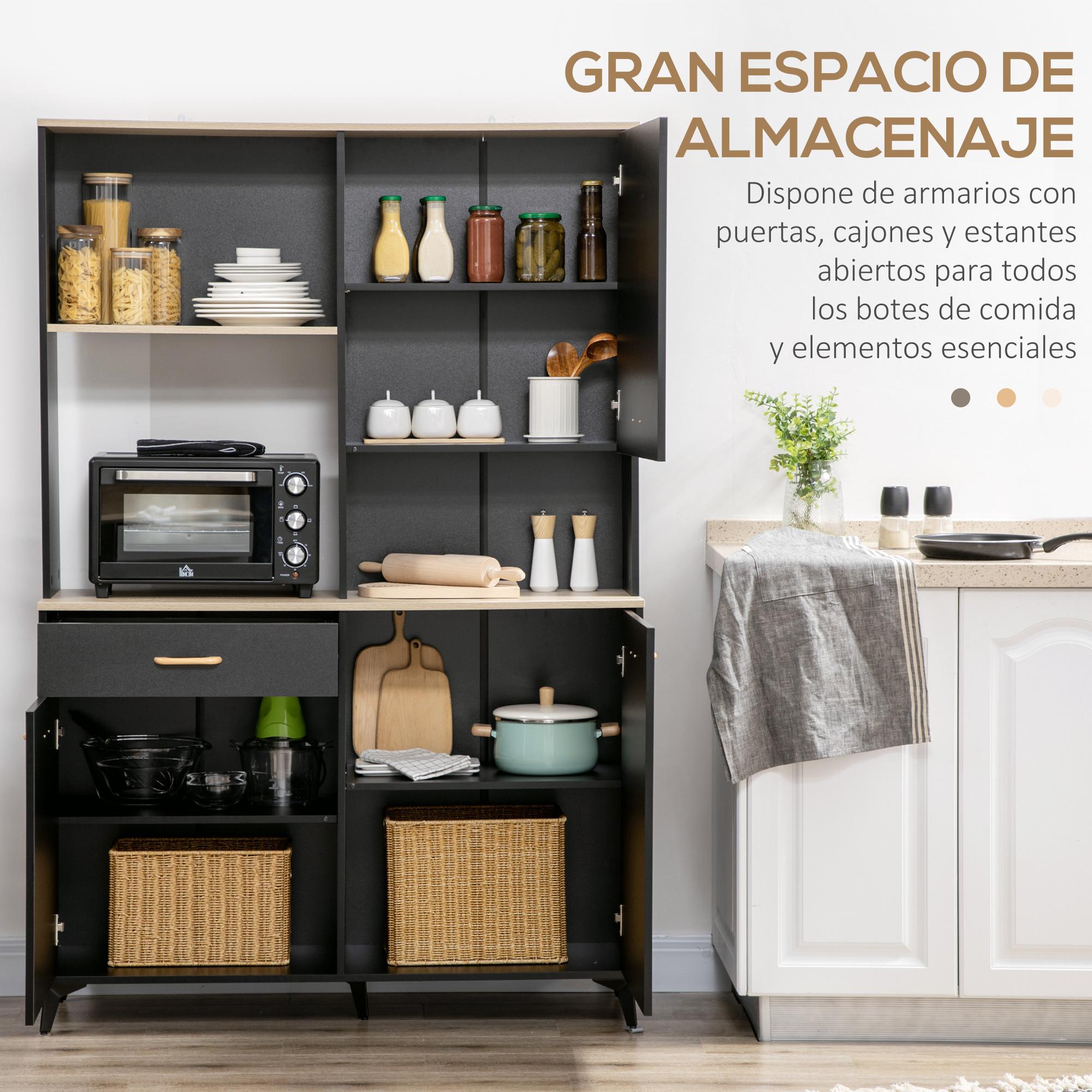 Alacena de Cocina Aparador de Comedor con 1 Cajón 3 Puertas y Almacenamiento Abierto Mueble Auxiliar para Microondas de Estilo Moderno 119x41x180 cm Negro