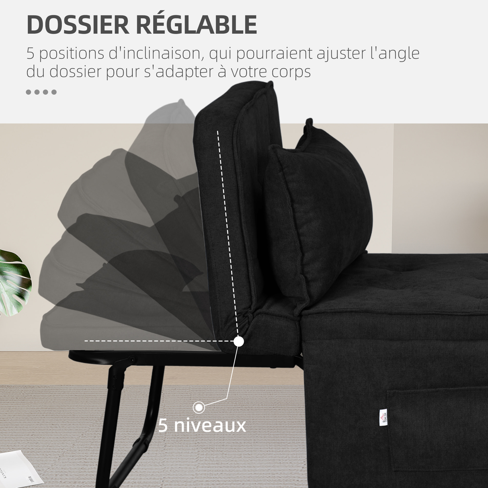 Fauteuil chaise longue lit pouf 4 en 1 dossier inclinable 5 niveaux repose-pied rabattable châssis acier noir tissu noir