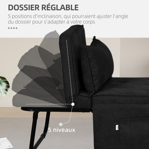 Fauteuil chaise longue lit pouf 4 en 1 dossier inclinable 5 niveaux repose-pied rabattable châssis acier noir tissu noir