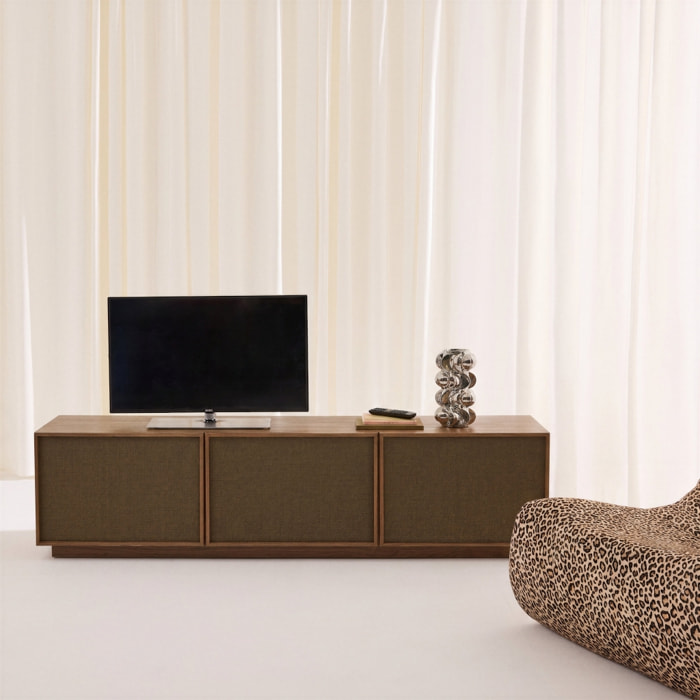 Meuble TV décor bois et tissu 3 portes 180cm KUBA