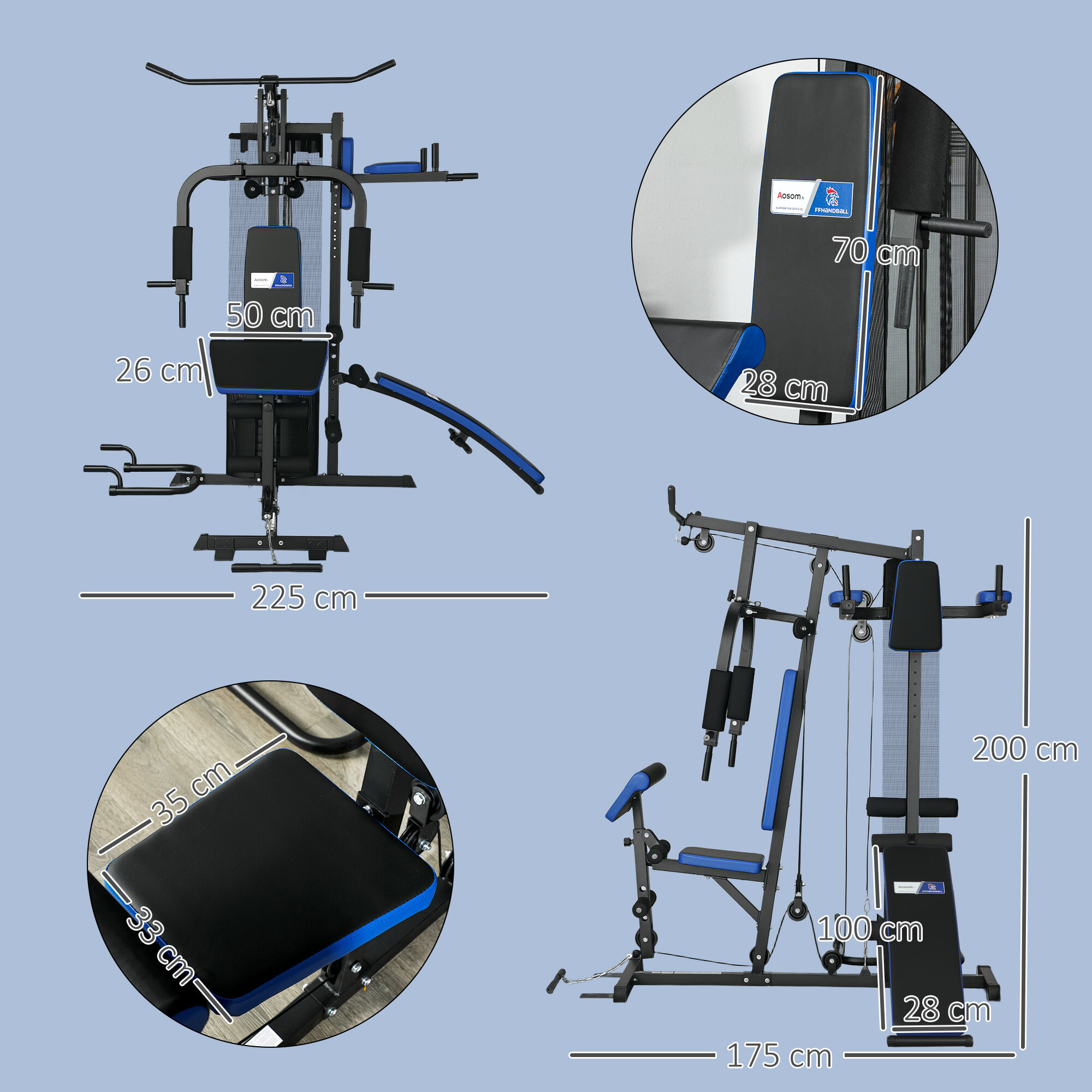 Station de musculation multi-équipement - collaboration Aosom.fr x FFHandball - 10 contrepoids - acier noir rouge