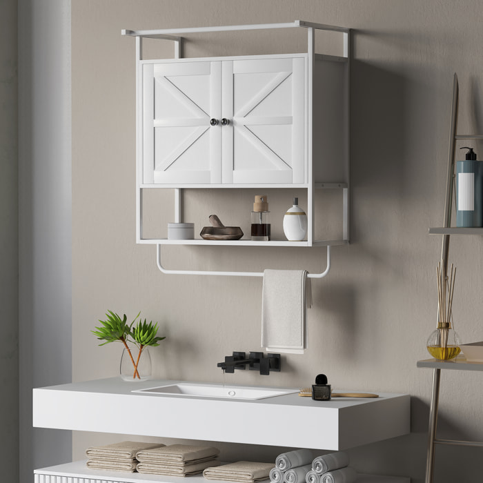 Armario de Pared para Baño Multiusos Mueble de Baño Suspendido Armario Colgante de Almacenamiento con 2 Puertas Estante Toallero 63x34x75 cm Blanco