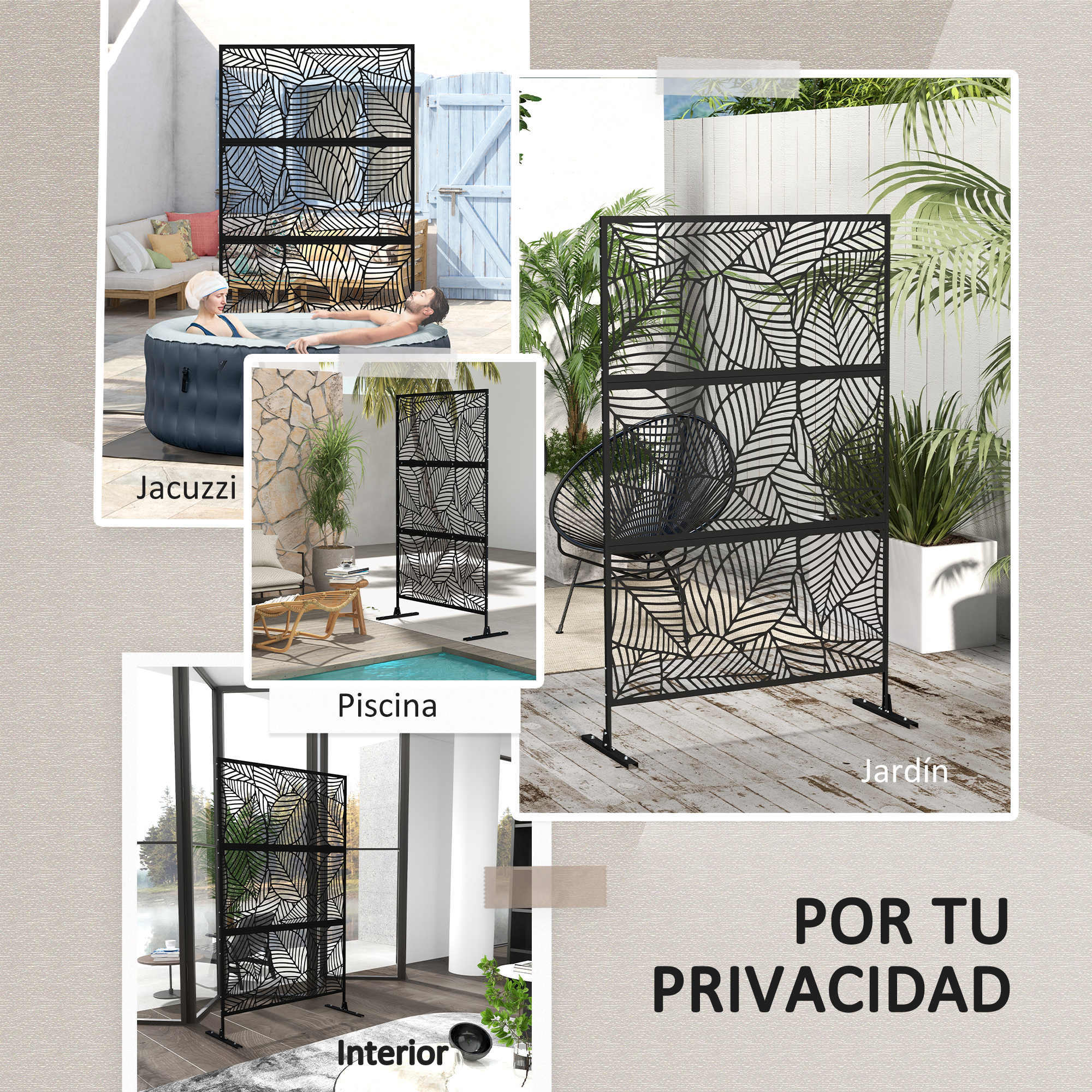 Biombo de 3 Paneles, 122x198 cm, Biombo Separador de Ambientes con Soporte y Tornillos de Expansión, Diseño de Hojas Grandes, para Exterior, Jardín, Patio, Terraza, Negro